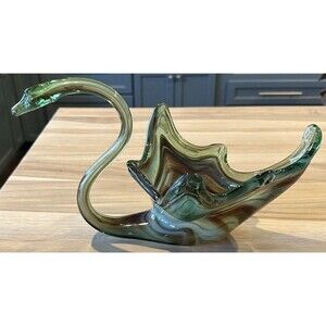 Swan Art Glass Bowl LARGE Brown Green Swirl Hand Blown 14"L x 8.5"W x 8"H